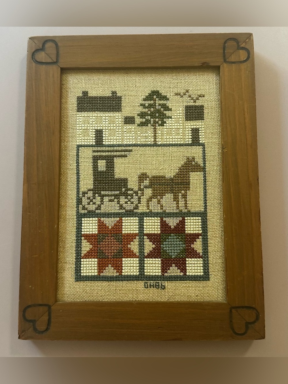 Vintage Framed Folk Art Cross Stitch sampler with Horse & Carriage